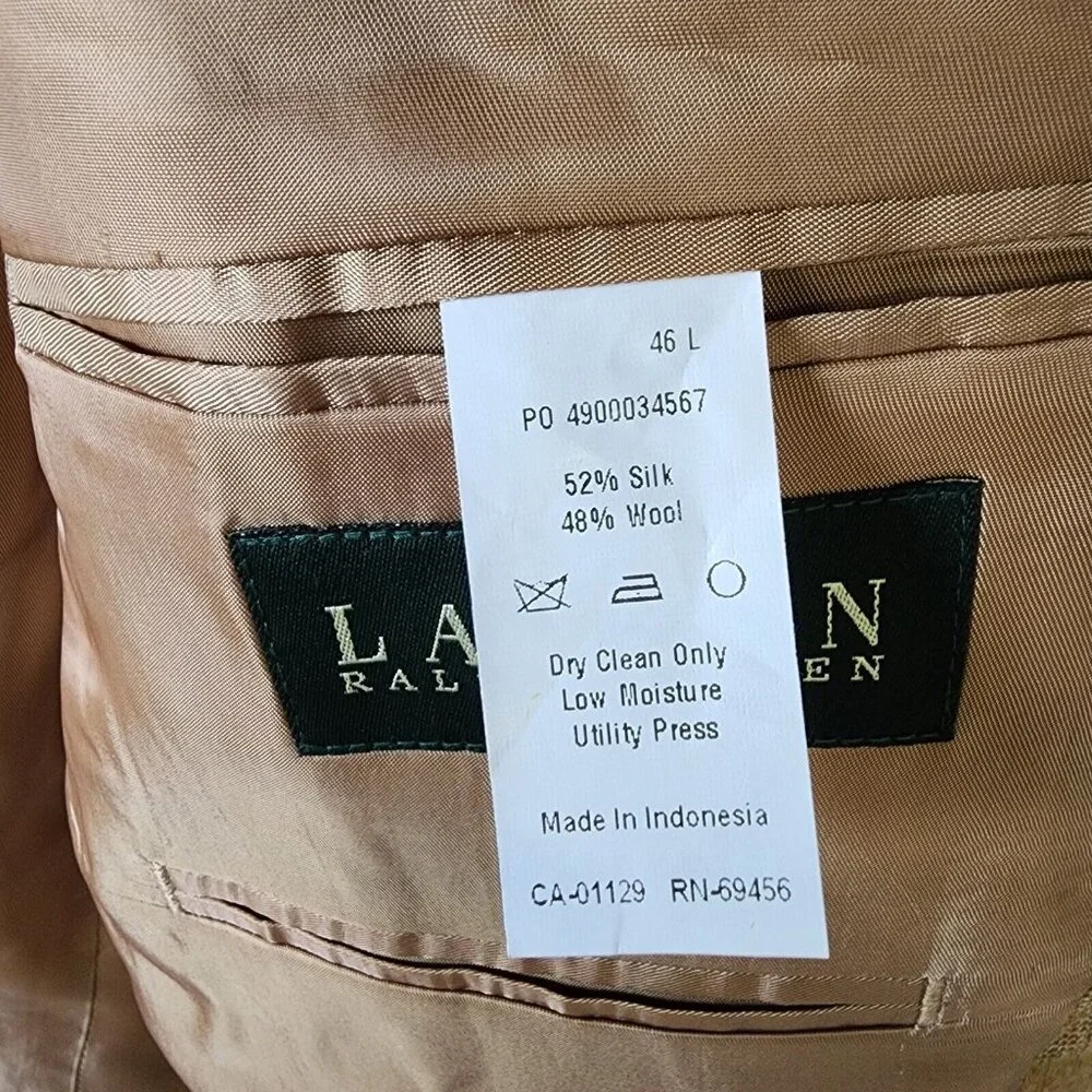 Lauren Ralph Lauren Beige 2‎ Button Blazer Suit Jacket Size 46 L Silk Wool Blend